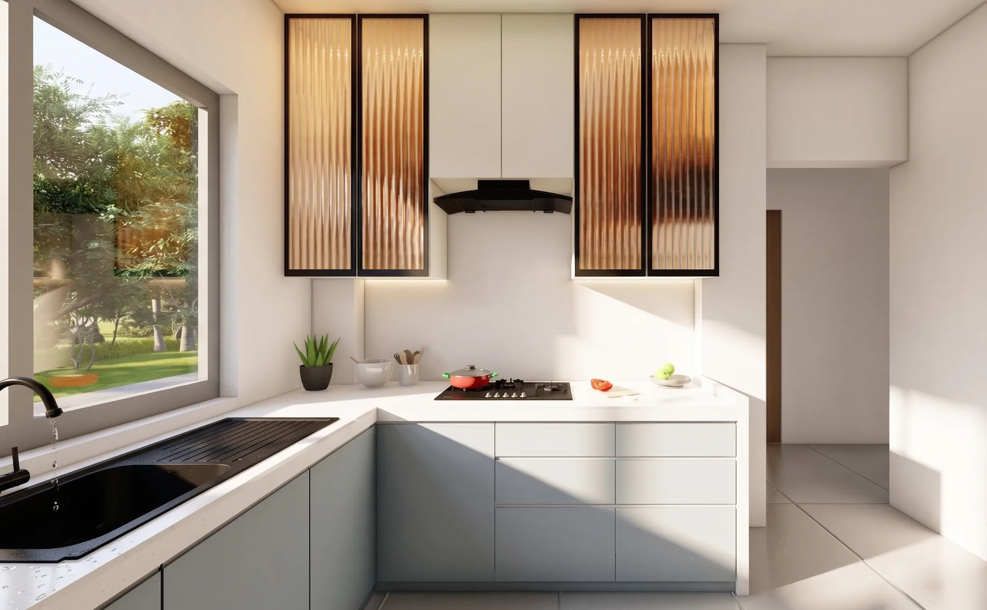L-shaped modular kitchen in powder blue and white