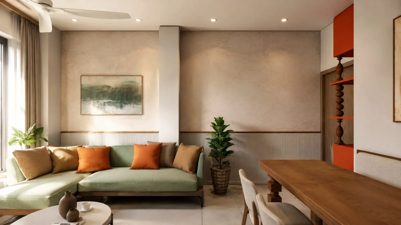 Living and dining space with sage green sofa and terracotta accents
