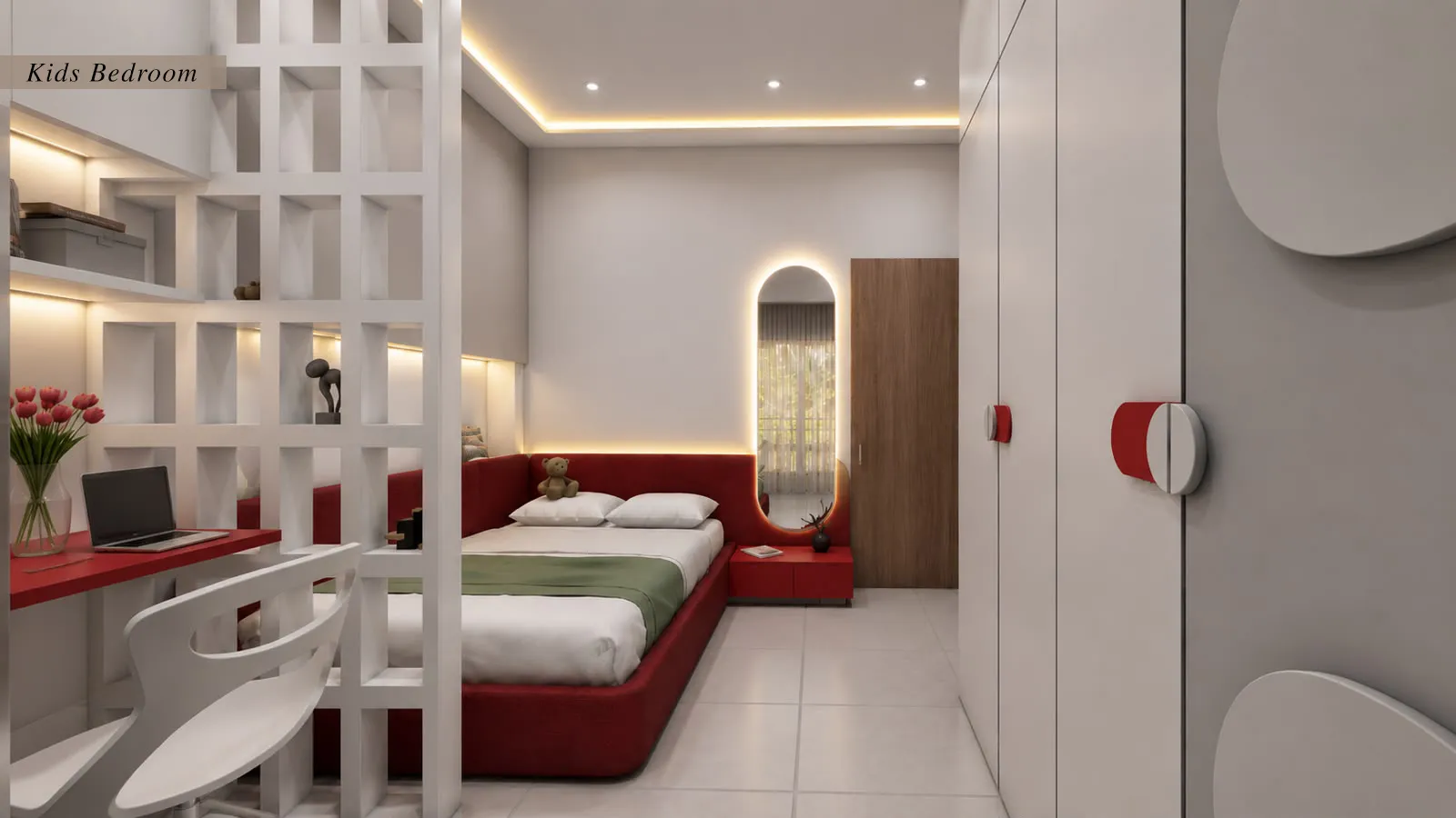 Kids bedroom with bold red bed and study nook